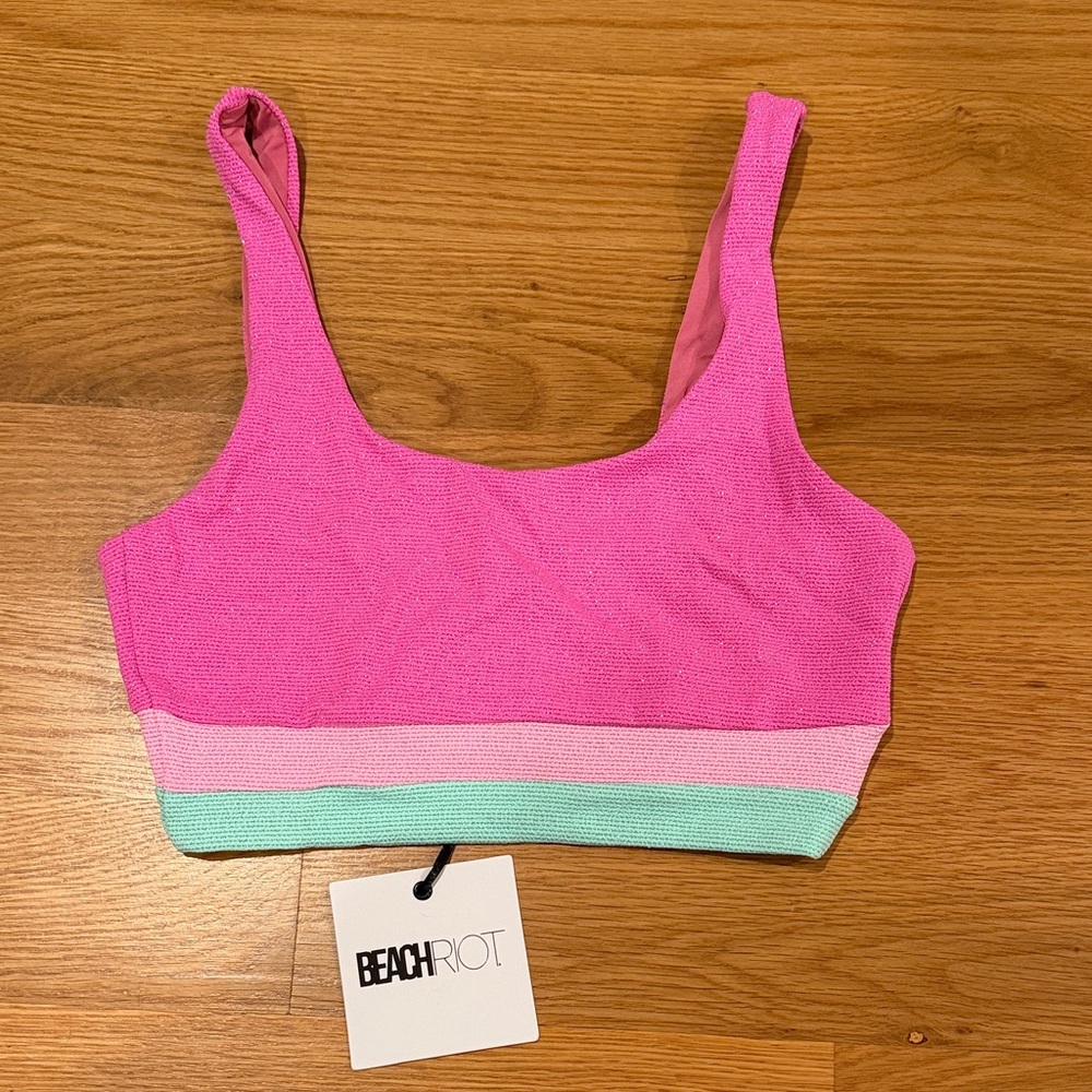 Beach Riot Hot Pink Crop Bikini Top with Pastel Pink & Mint Band